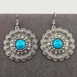 Silver Tone Medallion Earrings Turquoise Center Bohemian Aztec Artsy Cowgirl
